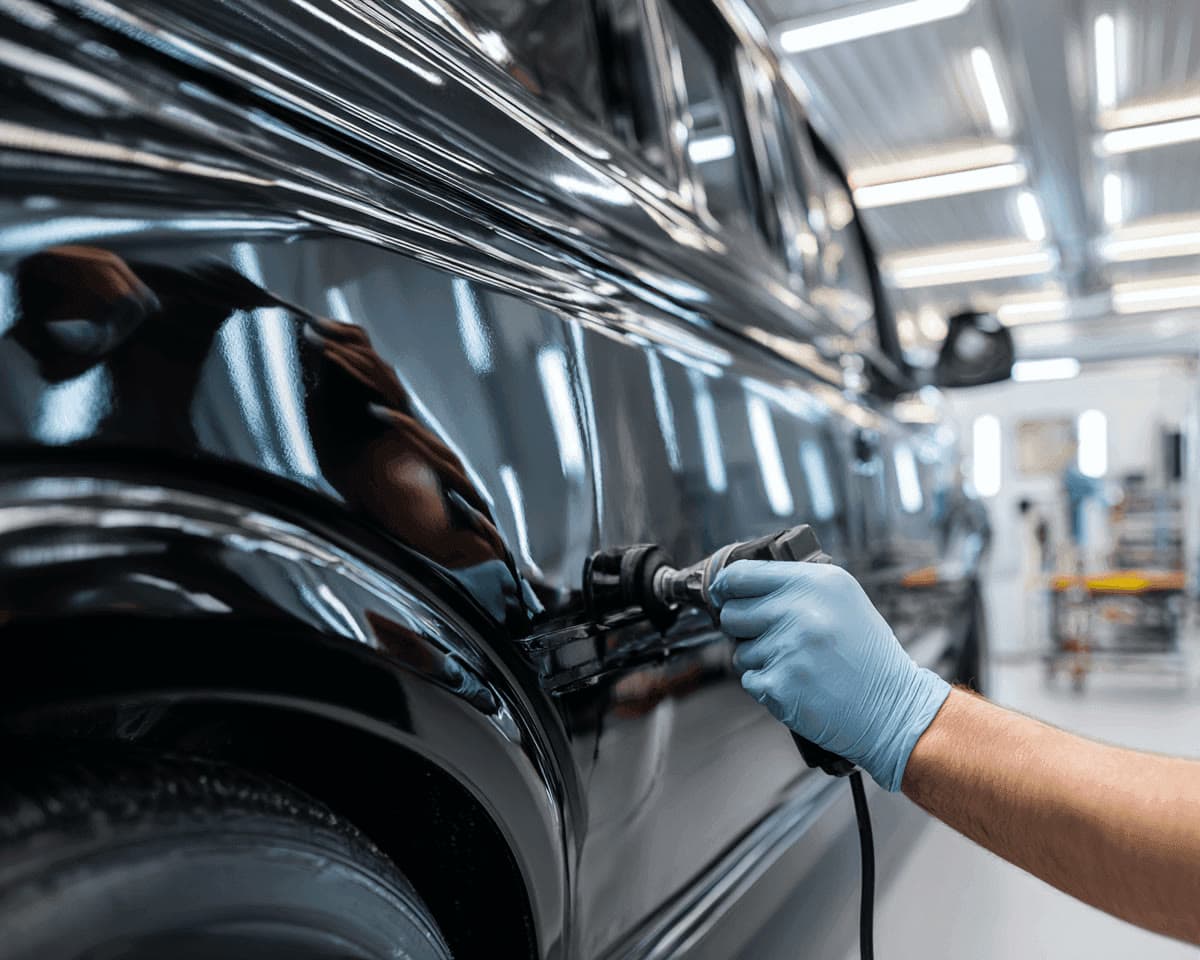 A technician repairing a dent on a car panel